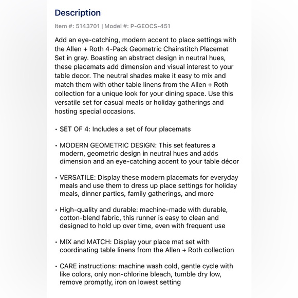 NEW WITH TAG~~ Allen & Roth Placemats Set~~ (includes 4 placemats) for $19 - Picture 3 of 3